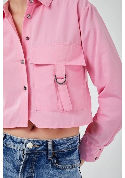 Mixray 4444 Kadın Apoletli Crop Gömlek Şeker Pembe