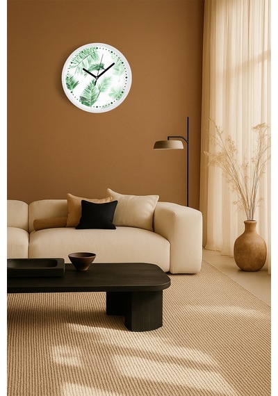 Tropikal Yaprak Desenli Modern Duvar Saati - 30cm - Önü Camlı Beyaz Kasa - Sessiz Mekanizma-jh0604 Beyaz
