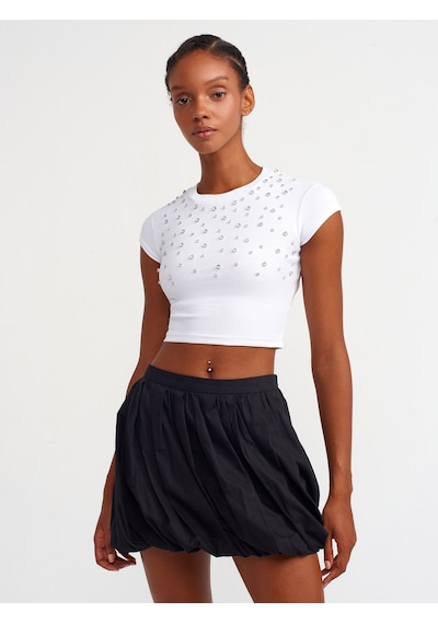 Dilvin Parlak Taşlı Crop Top Beyaz