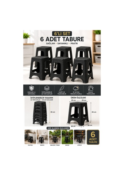 Nova 6 Lı Rattan Desenli Büyük Boy Tabure Seti Siyah 45 Cm Sağlam İstiflenebilir Çok Amaçlı Plastik Tabure Siyah