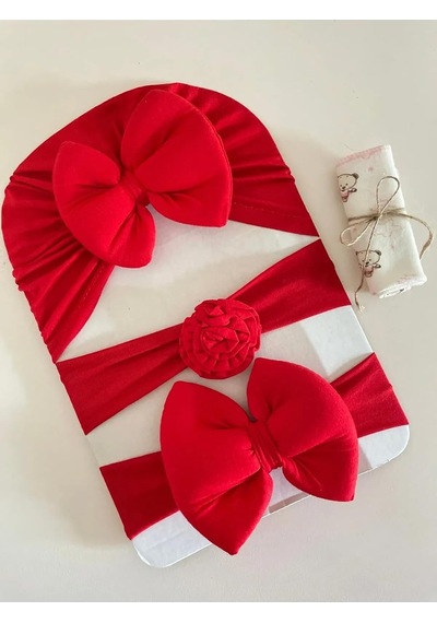 Masalbaby Kız Bebek Fiyonklu Bone Bandana Ve Saç Bandı - 3'lü Hediyelik Set Kırmızı