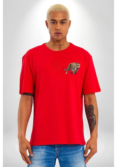 Jaguar Sırtından Çıkan Kırmızı Oversize Unisex Ön Ve Sırt Baskılı Tişört Kırmızı