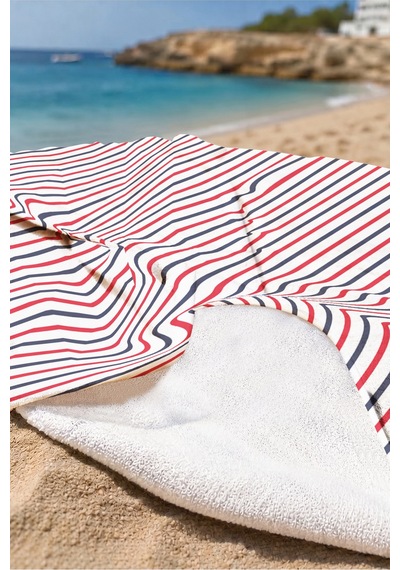 Çizgili Marine Plaj Havlusu - Lacivert Kırmızı Beyaz Nautical Modern Hızlı Kuruyan Mikrofiber Havlu Eski Mercan