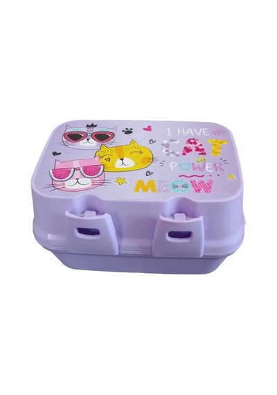 Kedi Desenli Mor Lunchbox Beslenme Kutusu I Have Cat Power Meow Yazılı Çocuk Yemek Saklama Kabı Açık Ahşap