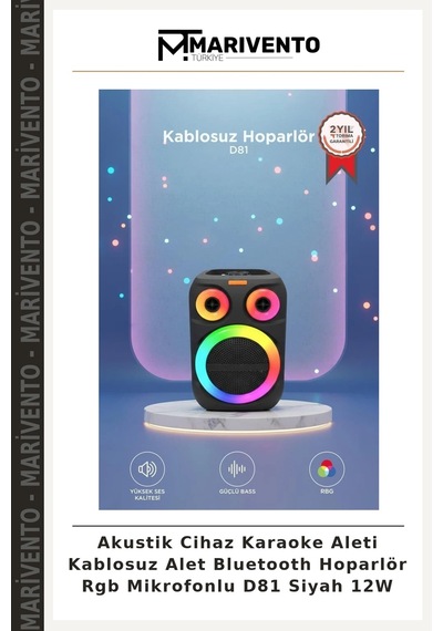 Akustik Cihaz Karaoke Aleti Kablosuz Alet Bluetooth Hoparlör Rgb Mikrofonlu D81 Siyah 12w