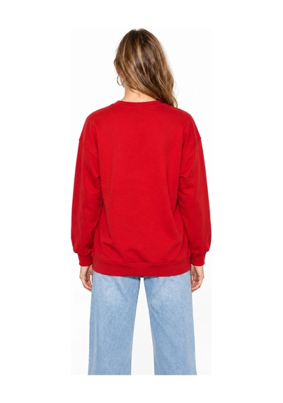 Mevese Kadın Parlak Taş Baskılı Salaş Kesim Üç İplik Sweatshirt - Kırmızı