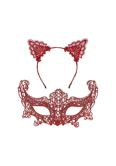 Romantik Kırmızı Dantel Maske Seti Kedi Kulaklı Taç Ve Maske No 3