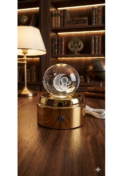 Mobgift 360 Derece Dönen Sarı Led Işıklı Gold Standlı Usb'li Kristal Ay Üzerinde Astronot Cam Küre Çok Renkli