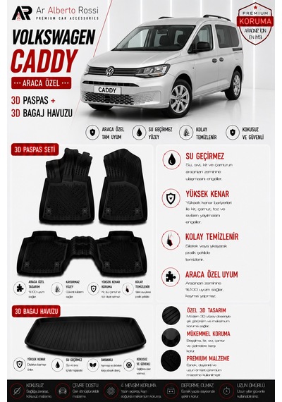 Volkswagen Caddy 2020-2026 Araca Özel 3d Paspas + 3d Bagaj Havuzu