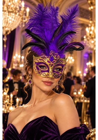 Mor Gold Tüylü Venedik Maskesi Taşlı Simli Yılbaşı Halloween Cadılar Bayramı Balo Parti Maskesi