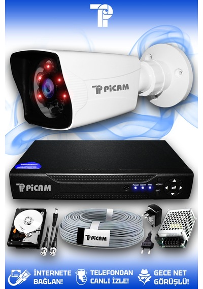 Picam 1 Kameralı Kare 1 Dış Kamera Set 2 TB HDD Full HD Gece Görüşlü Güvenlik Kamerası Sistemi