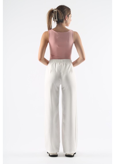 Dokuma Beyaz Geniş Paça Beli Lastikli Basic Uzun Kadın Pantolon Sh191 S