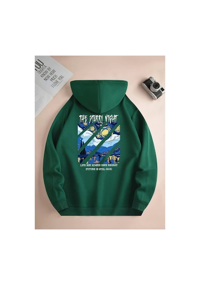 Medinenur Night Baskılı Kapüşonlu Sweatshirt Yeşil