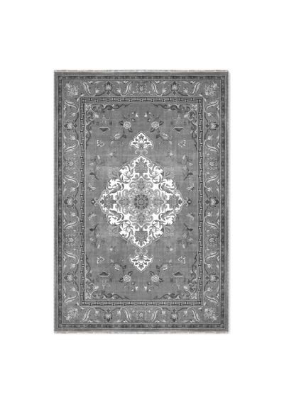 Gri Antrasit Klasik Madalyon Desenli Dekoratif Salon Halısı 3044-4