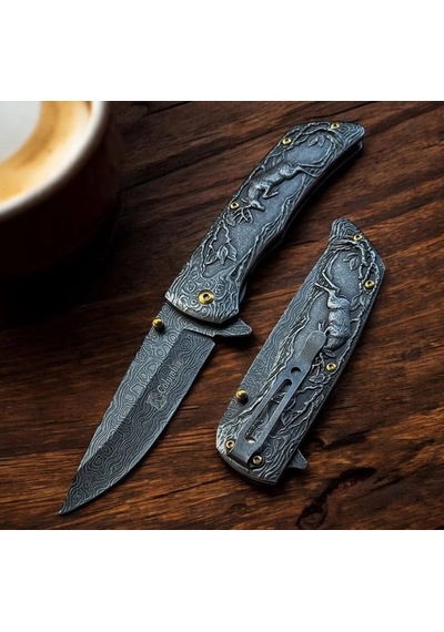 Knivox Columbia Company Fxt-2370 Geyik İşlemeli Siyah Manuel Kamp Çakısı