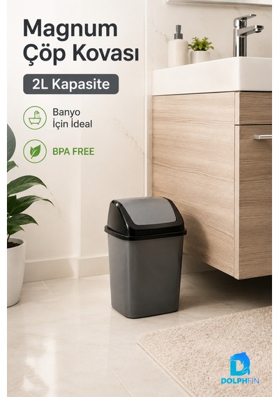 Magnum 2 Litre Sallanır Kapaklı Mini Çöp Kovası Masaüstü Banyo Mutfak Antrasit