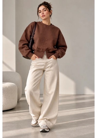 Bbbutikbasic Fermuar Detaylı Şardonlu 3 İplik Kadın Sweatshirt My3535 Kahverengi