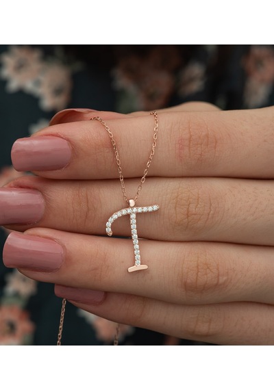 925 Ayar T Harfi Kolye Kadın Gümüş Kolye Rose Gold