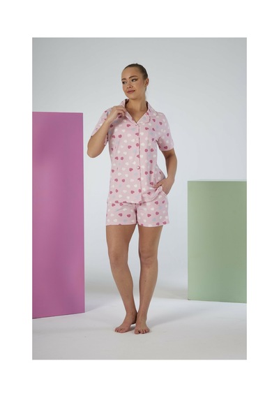 Estiva Kadın Yazlık Kalp Desenli Önden Düğmeli Şortlu Penye Lycra Pijama Takımı PEMBE