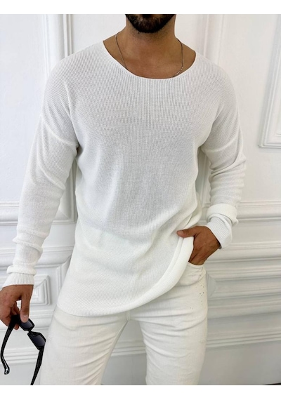 Kazak Oversize Örme Natural Pamuk Tüylenmeyen Kazak Salaş Tarz Triko Sweatshirt Beyaz
