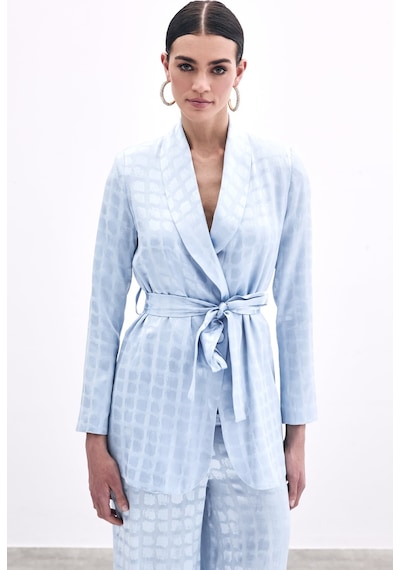 Sateen Kare Desenli Kuşaklı Ceket - Bebe Mavi-135792 Bebe Mavi