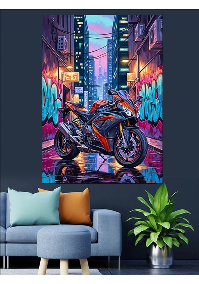 Ahşap Tablo Neon Işıklı Motosiklet Çizimi