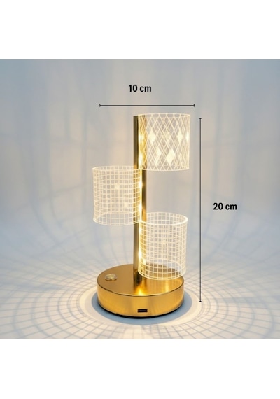 3 Parça Silindirik Kristal Ekose Kareli Led Masa Lambası Gold Gövdeli, Dokunmatik, 3 Kademe Işık Ayarlı Şarjlı Dekoratif Lamba 5570 Sarı