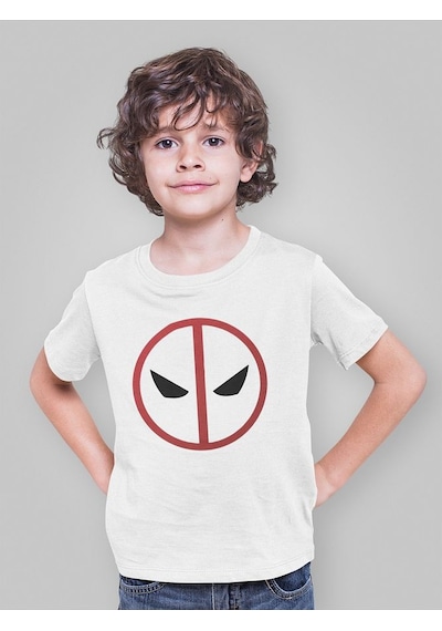 Sevbano Tasarım Deadpool Maske Baskılı Unisex Film Kahramanı Çocuk Tişört Beyaz