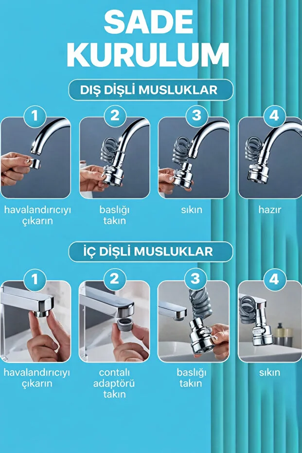 Musluk Başlığı 75 Cm Uzatmalı 360 Döner 3 Modlu Su Tasarruflu Uzayan Musluk Başlığı