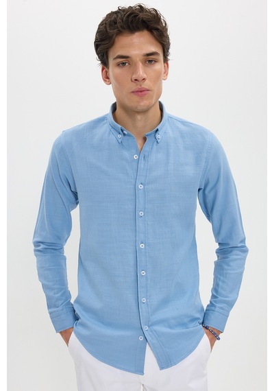 Tudors Erkek Slim Fit Dar Kesim %100 Pamuk Düğmeli Yaka Flam Keten Mavi Gömlek-50273