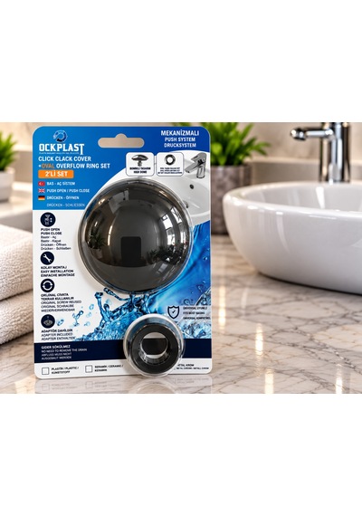 Lavabo Gider Süzgeci Bas Aç Pop-up Sistem Taşma Yüzüklü Dayanıklı Tasarım Siyah