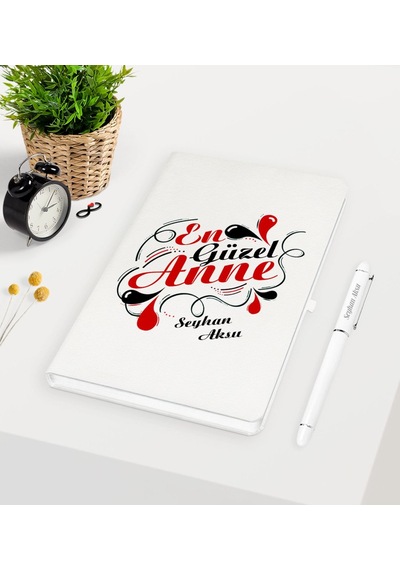 Kişiye Özel En Güzel Anne Beyaz Defter Kalem Seti Beyaz