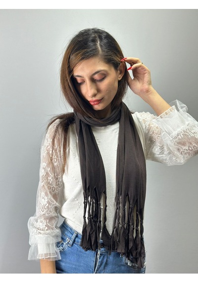 Gönülden Tasarım 140x45 Cm Penye Düğüm Püsküllü Unisex Fular Kahverengi