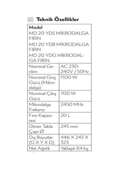 Vestel MD 20 YDB 20 LT Mikrodalga Fırın