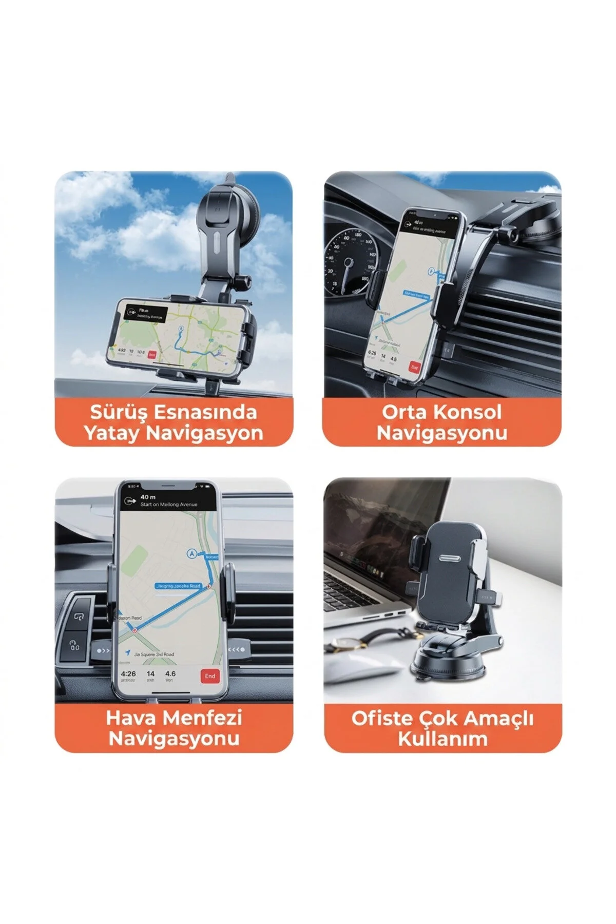 360 Dönebilen 1350 Ayarlanabilir Vantuzlu Araç İçi Telefon Tutucu 1