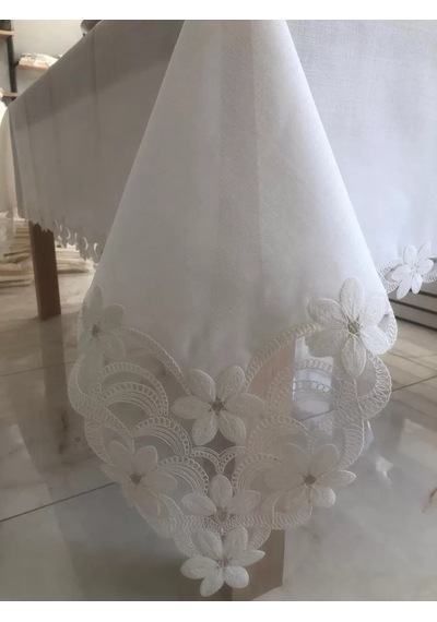 Sofra Takımı Evita Gardenya Keten Yemek Takımı 160x260 Masa Seti 26 Parça Runner Set Krem