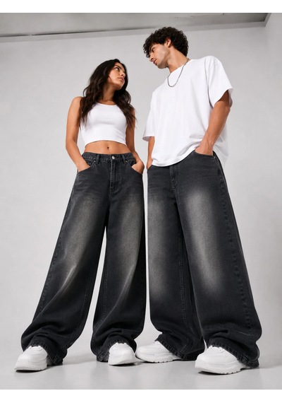 St.poll Vintage Siyah Yıkamalı Unisex Baggy Jean