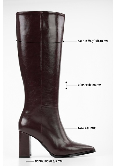 Shoeberry Kadın Brave Kahve Cilt Topuklu Çizme Bordo