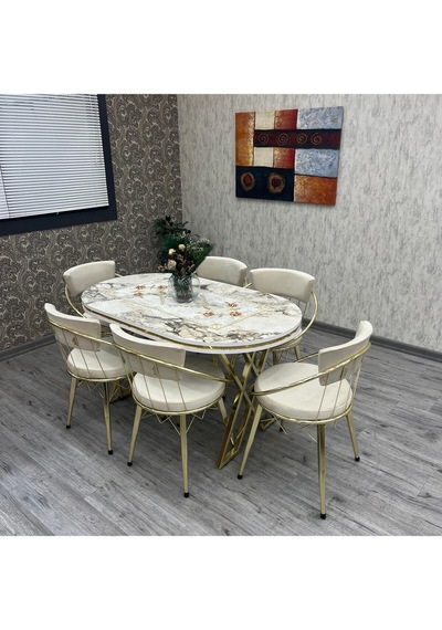 Mutfak Masa Sandalye Takımı Selenit 80-140 Oval Gold 6 Kişilik Mutfak Masası Takımı Gold