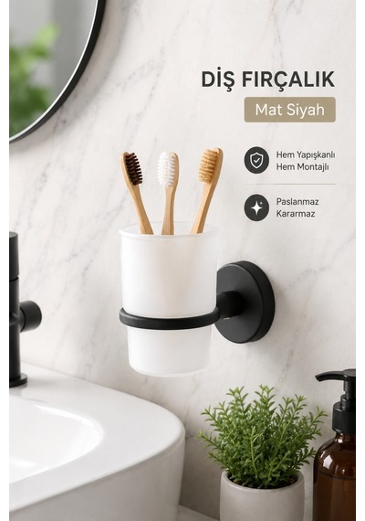 Alper Banyo Lotus Mat Siyah Eko Diş Fırçalık Plastik Tabak Ister Yapıştır Ister Montajla