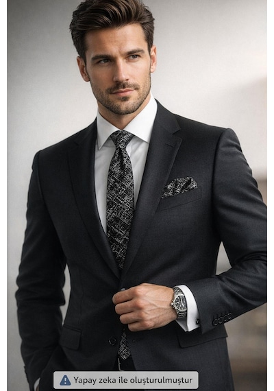 Gaffy Beyaz Kırcıl Desenli Siyah Dokuma Kumaş Mendilli Slim Fit Kravat // Sdk-2610-1 Siyah