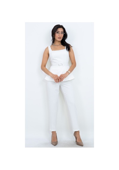 Dorne Moda Özel Koleksiyon Kare Yaka Taş Detaylı Peplum Ceket Pantolon Takım Davet Ve Ofis Şıklığı Beyaz Beyaz