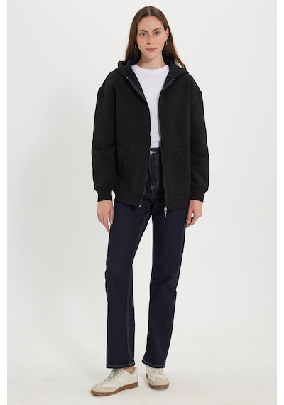 Tudors Kadın Oversize Geniş Kesim %100 Pamuk Kapüşonlu Fermuarlı Cepli Siyah Sweatshirt-52772