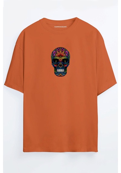 Renkli Kurukafa Baskılı Unisex Turuncu Oversize T-shirt Turuncu
