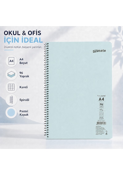 Mynote Flex Pastel A4 96 Yaprak 60 Gr Spiralli Kareli Defter Turkuaz