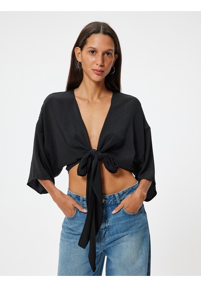 Koton Crop Üst V Yaka Bağlama Detaylı Oversize Kimono Kol Siyah 4sal50001ıw Siyah