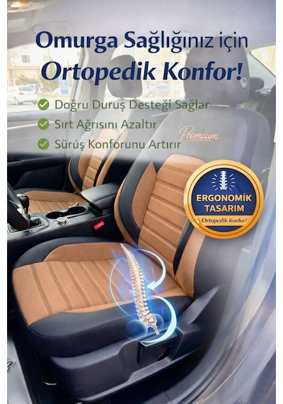 Premium Serisi Lüks Keten Üniversal Oto Koltuk Kılıfı - 5 Koltuk Tam Set Taba