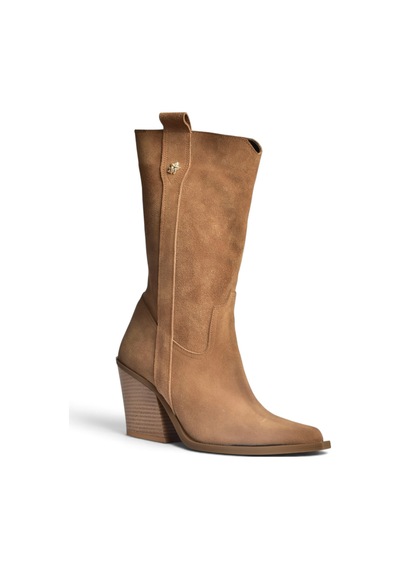 Fox Shoes Z654940161 Vizon Hakiki Deri Süet Kalın Topuklu Western Kadın Çizme