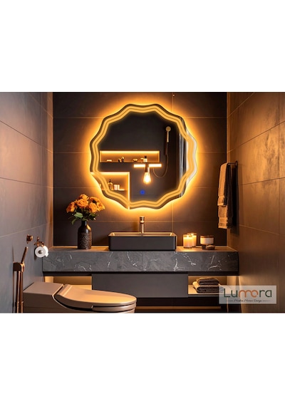 Zavira Amber Led'li Lazer Kumlamalı Lavabo & Banyo Aynası Dokunmatik Sensörlü 90 X 90 Turuncu