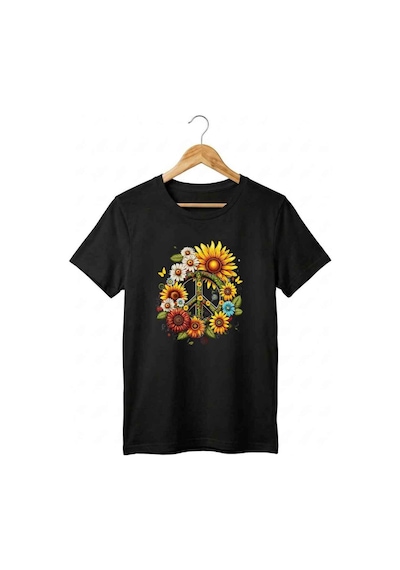 Kadın Bisiklet Yaka Ayçiçeği Ve Barış Logo Desenli Dijital Baskılı T-shirt Siyah